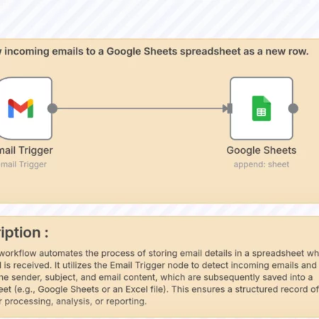 Добавление новых входящих писем в таблицу Google Sheets в виде новой строки n8n шаблон